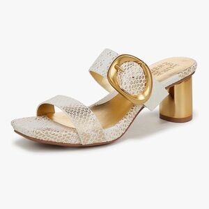 Naturalizer White Snake-Effect Slide Sandals with Gold Buckle